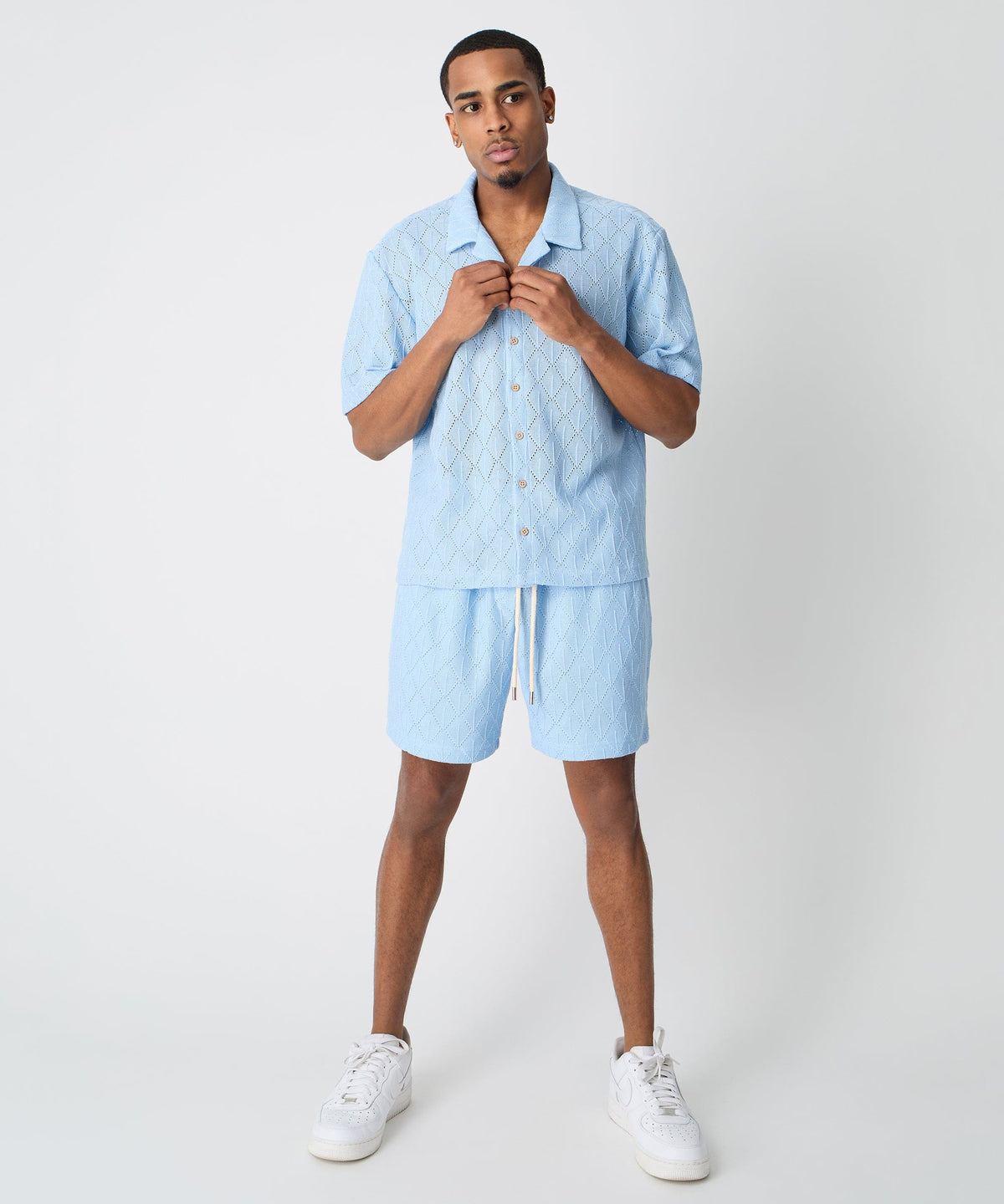 Diamond Plate Viscose Short Sleeve Shirt - Light Blue