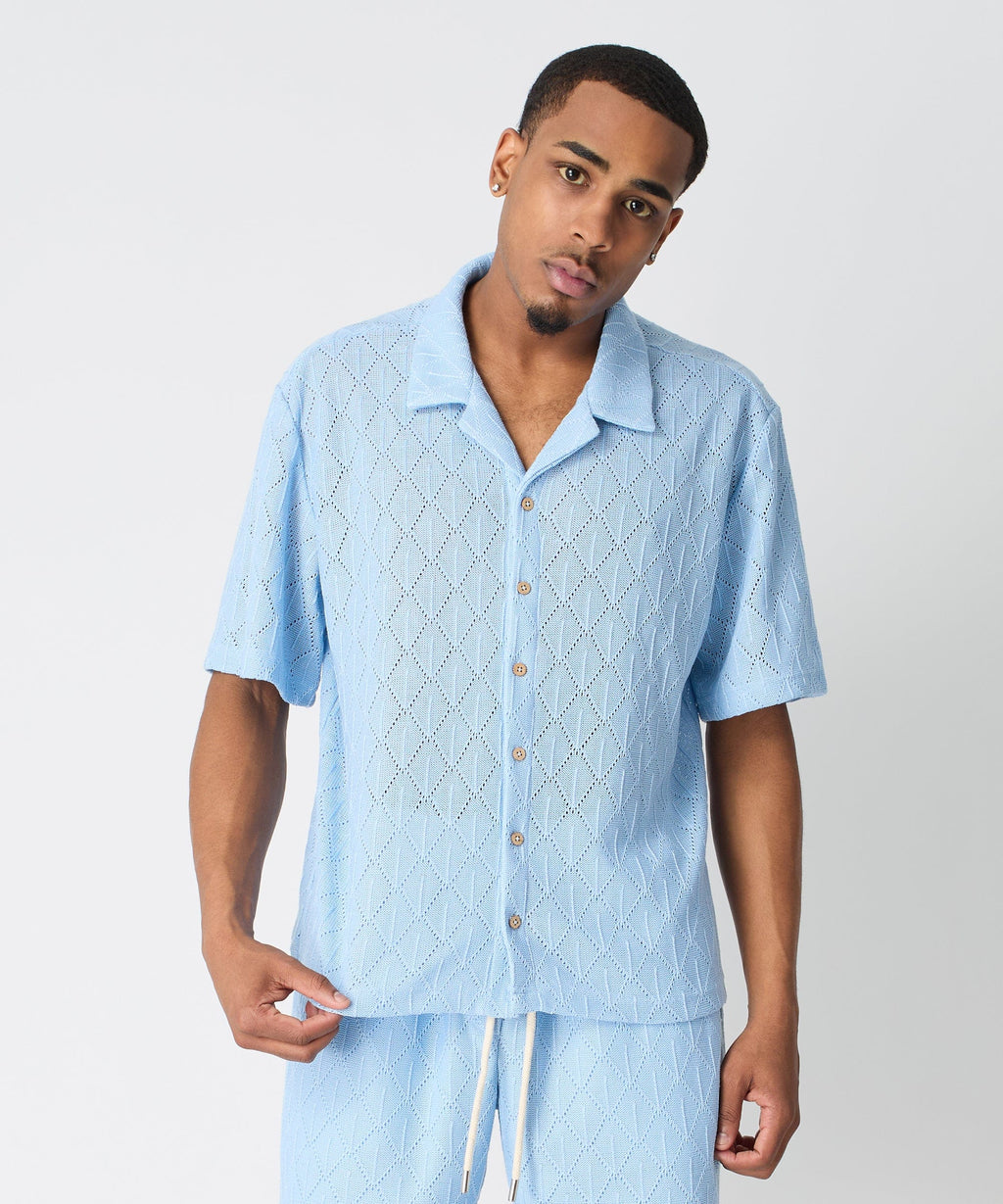 Diamond Plate Viscose Short Sleeve Shirt - Light Blue