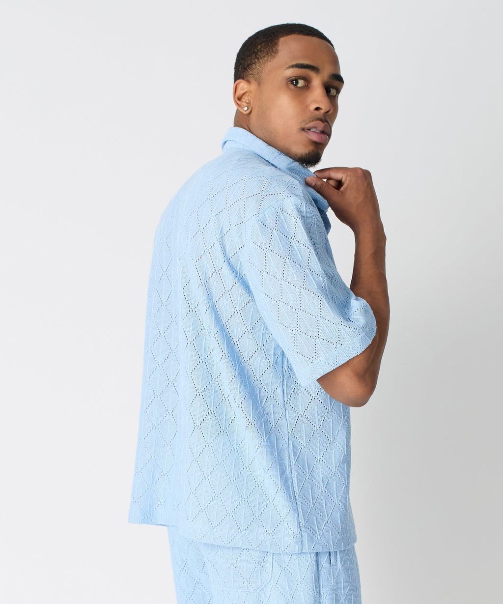 Diamond Plate Viscose Short Sleeve Shirt - Light Blue